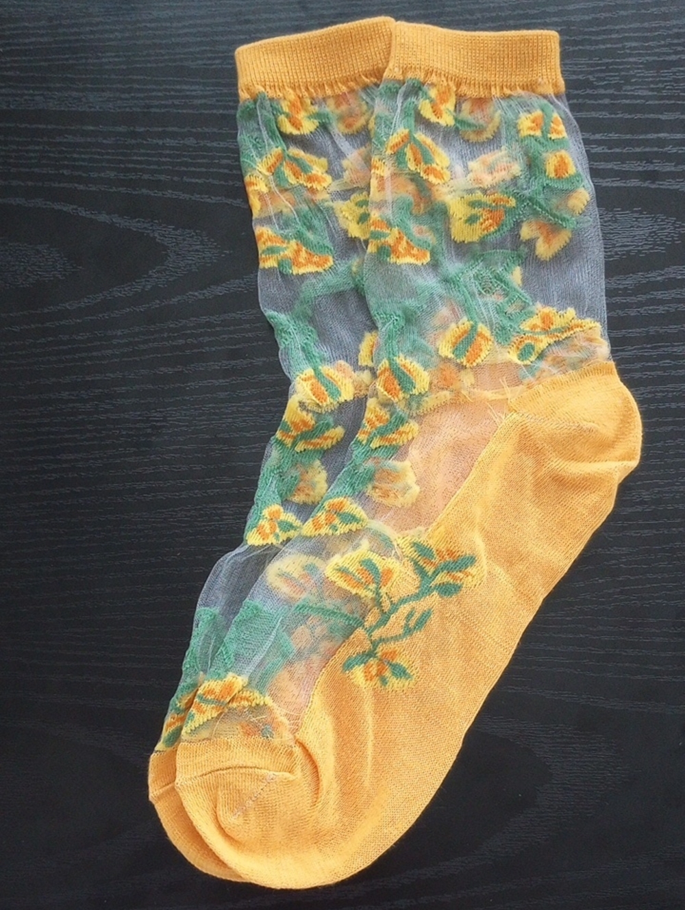 Yellow Green Floral Sheer Mid calf Socks